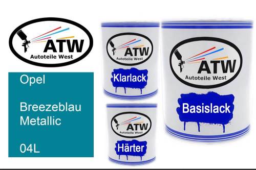 Opel, Breezeblau Metallic, 04L: 1L Lackdose + 1L Klarlack + 500ml Härter - Set, von ATW Autoteile West.